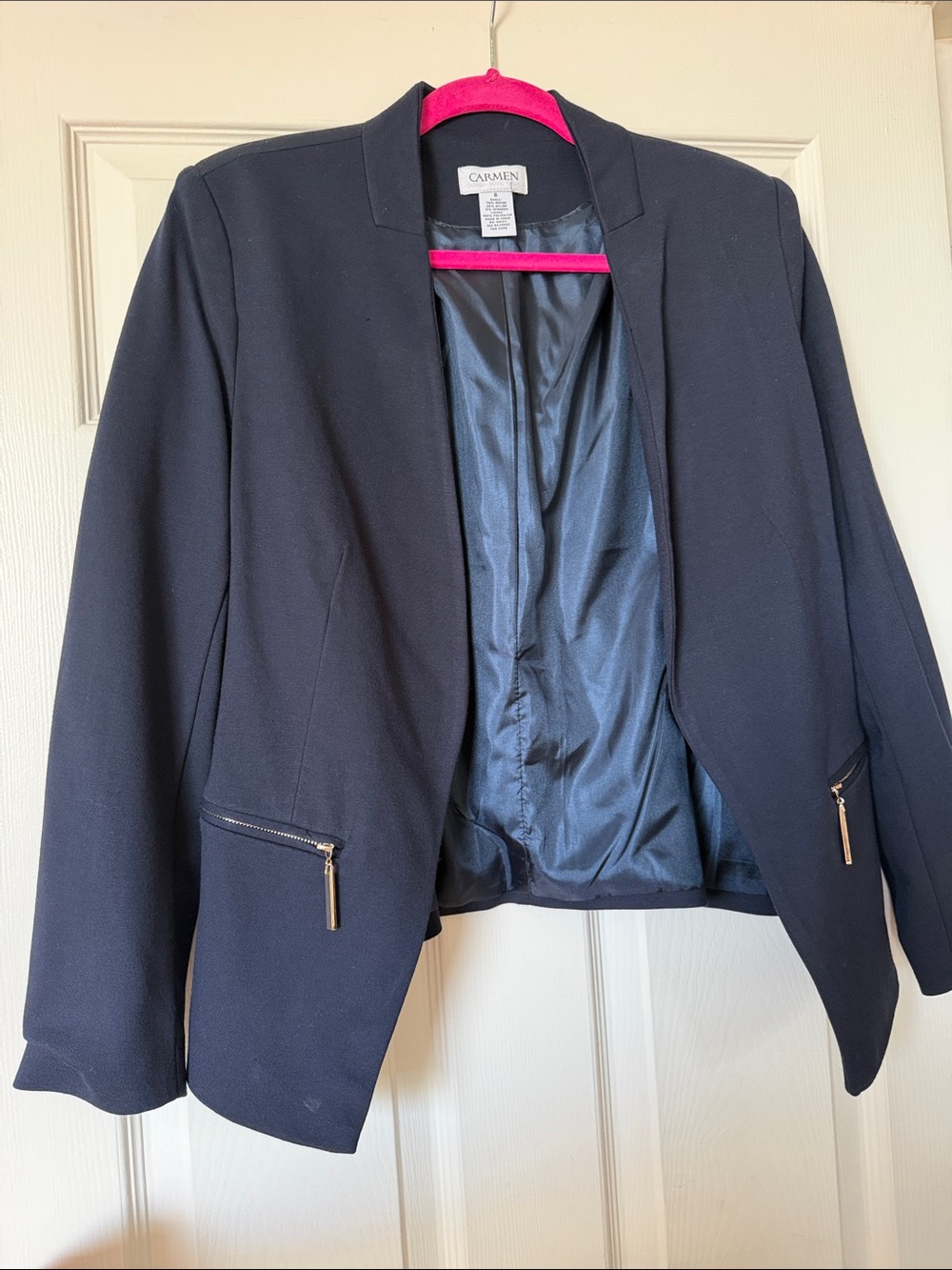 Navy Zip-Pocket Open-Front Carmen Marc Valvo Blazer